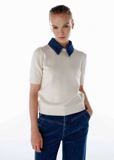 DENIM NECK DETAILED KNIT TOP CREAM - 4