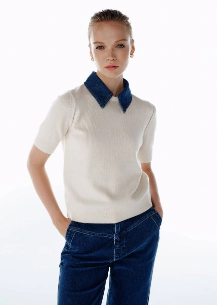 DENIM NECK DETAILED KNIT TOP CREAM - 1