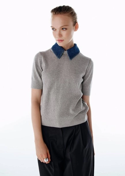 DENIM NECK DETAILED KNIT TOP LIGHT GREY - 3