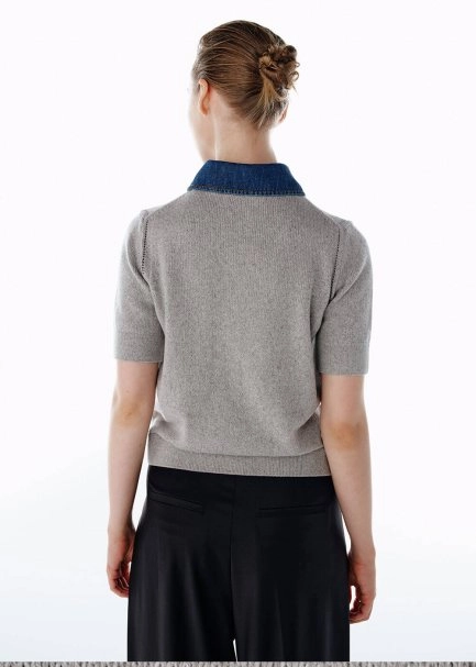 DENIM NECK DETAILED KNIT TOP LIGHT GREY - 5