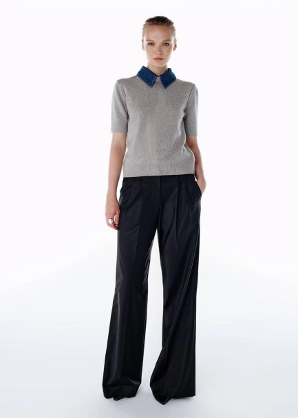 DENIM NECK DETAILED KNIT TOP LIGHT GREY - 2