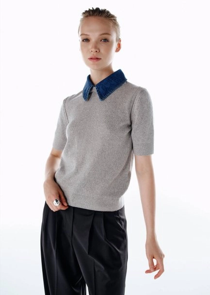 DENIM NECK DETAILED KNIT TOP LIGHT GREY - 4