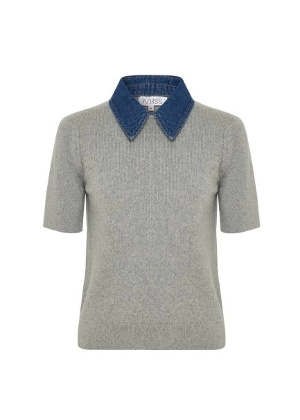 DENIM NECK DETAILED KNIT TOP LIGHT GREY - 6