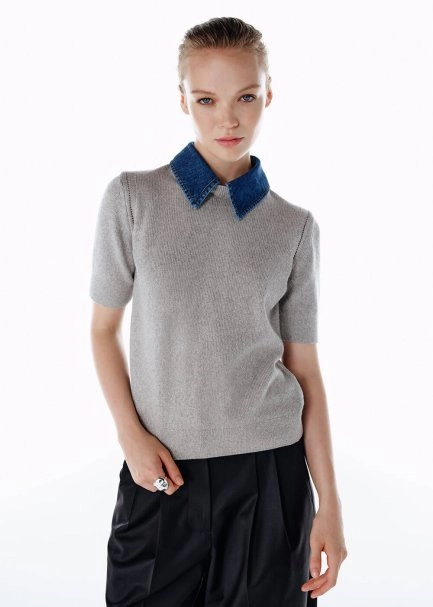 Denım Yaka Detaylı Triko Üst Açık Gri - 1