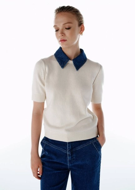 Denım Yaka Detaylı Triko Üst Krem - 2