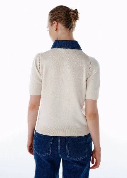 Denım Yaka Detaylı Triko Üst Krem - 5