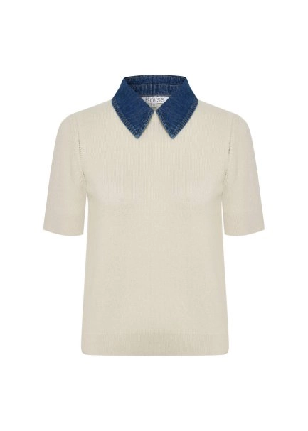 Denım Yaka Detaylı Triko Üst Krem - 6