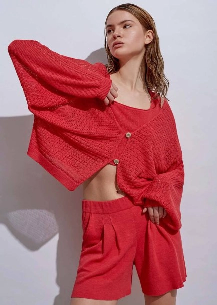 Deniz Kabuğu Düğmeli Mercan Keten Triko Hırka - 2