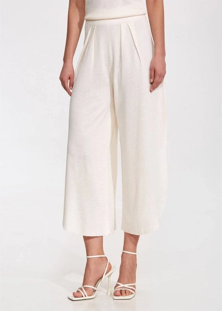 Derin Yırtmaç Detaylı Ekru Triko Pantolon - 3