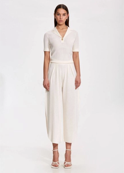 Derin Yırtmaç Detaylı Ekru Triko Pantolon - 1