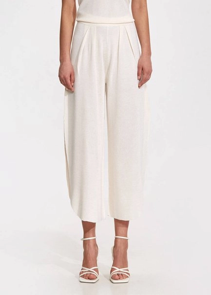 Derin Yırtmaç Detaylı Ekru Triko Pantolon - 2