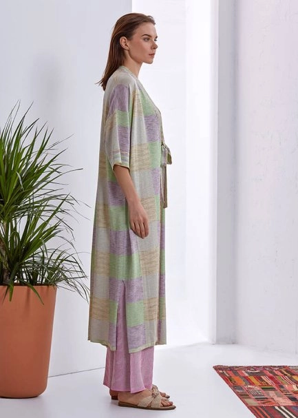 Desenli Bağcıklı Uzun Kimono - 4