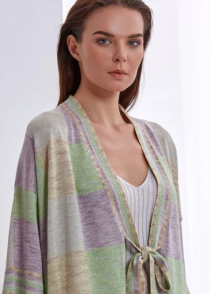 Desenli Bağcıklı Uzun Kimono - 5
