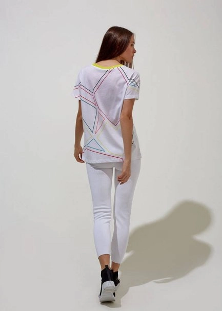 Desenli Beyaz Pamuk T-Shirt - 3