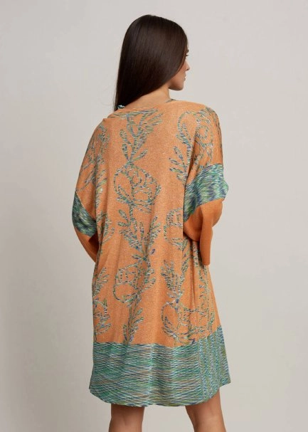 Lotus Desenli Çift Taraflı Turuncu Triko Kimono - 3