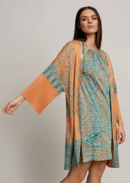 Lotus Desenli Çift Taraflı Turuncu Triko Kimono - 4