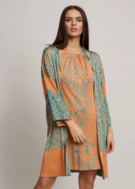 Lotus Desenli Çift Taraflı Turuncu Triko Kimono - 5