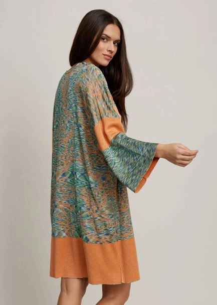 Lotus Desenli Çift Taraflı Turuncu Triko Kimono - 6