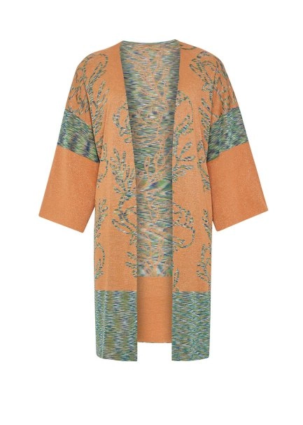 Lotus Desenli Çift Taraflı Turuncu Triko Kimono - 7