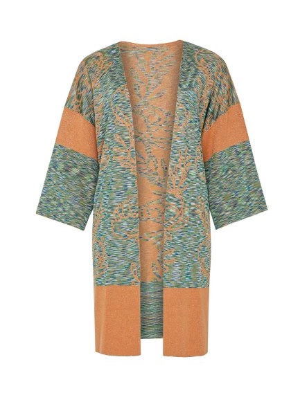 Lotus Desenli Çift Taraflı Turuncu Triko Kimono - 8