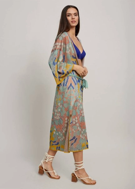 Desenli Kuşaklı Triko Kaftan - 4