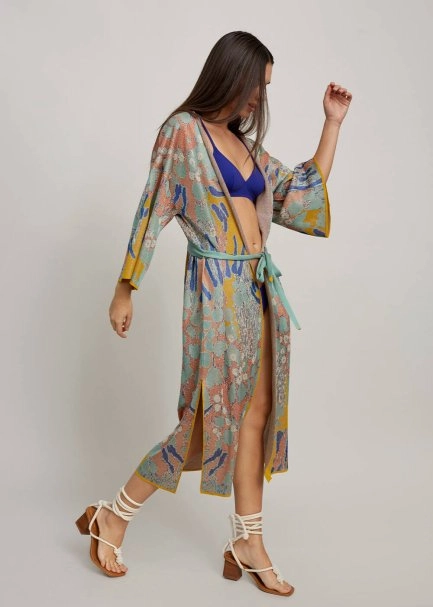 Desenli Kuşaklı Triko Kaftan - 5