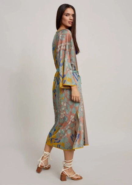 Desenli Kuşaklı Triko Kaftan - 6