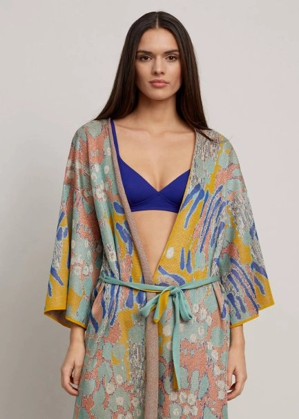 Desenli Kuşaklı Triko Kaftan - 7