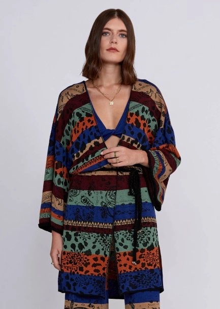 Desenli Merino Yün Karışımlı Triko Kimono - 1