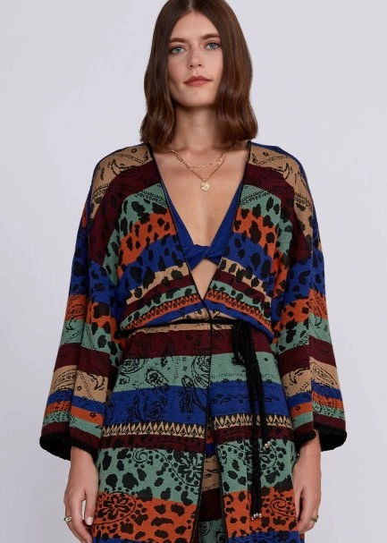 Desenli Merino Yün Karışımlı Triko Kimono - 7