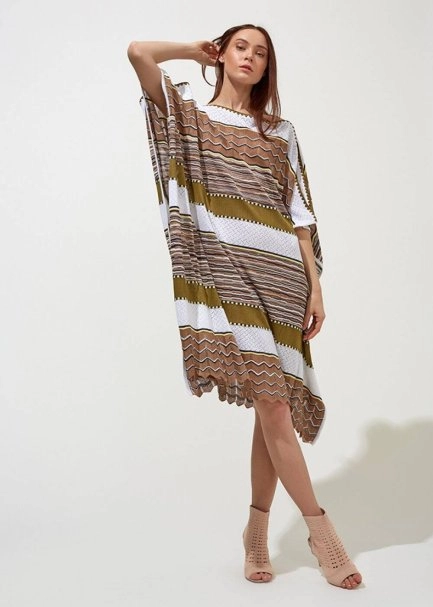 Desenli Oversize Haki Yazlık Triko Tunik Elbise - 5