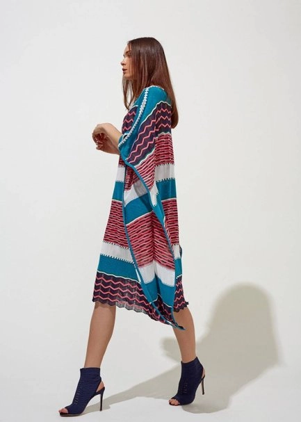 Desenli Oversize Turkuaz Yazlık Triko Tunik Elbise - 4