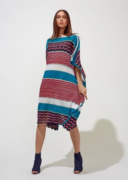 Desenli Oversize Turkuaz Yazlık Triko Tunik Elbise - 6