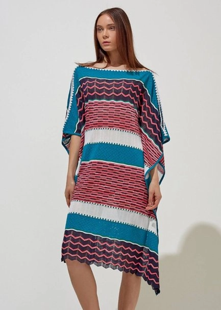 Desenli Oversize Turkuaz Yazlık Triko Tunik Elbise - 7