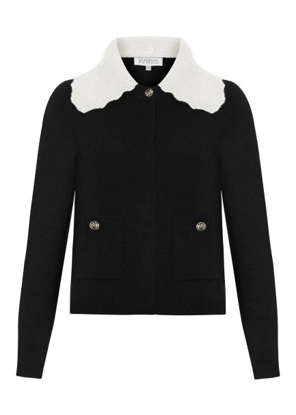 DETACHABLE COLLAR DETAILED BLACK KNIT CARDIGAN - 9