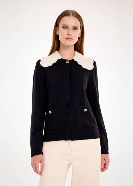 DETACHABLE COLLAR DETAILED BLACK KNIT CARDIGAN - 1