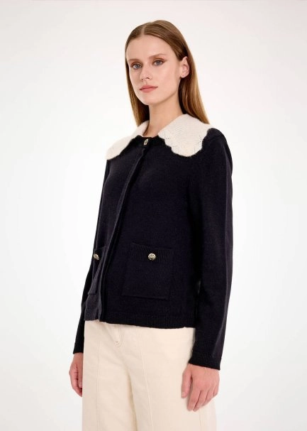 DETACHABLE COLLAR DETAILED BLACK KNIT CARDIGAN - 3