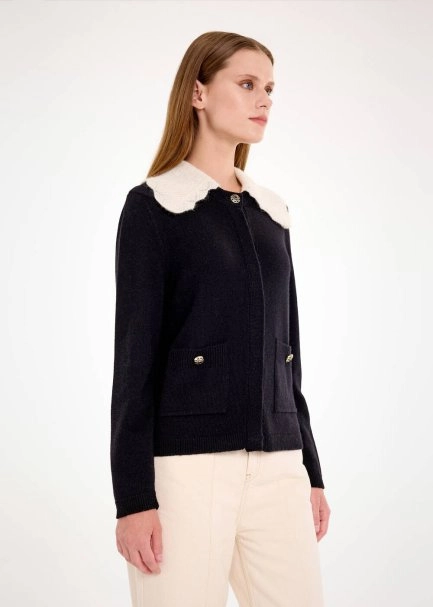 DETACHABLE COLLAR DETAILED BLACK KNIT CARDIGAN - 4