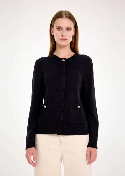 DETACHABLE COLLAR DETAILED BLACK KNIT CARDIGAN - 5