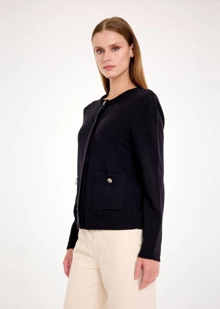 DETACHABLE COLLAR DETAILED BLACK KNIT CARDIGAN - 6