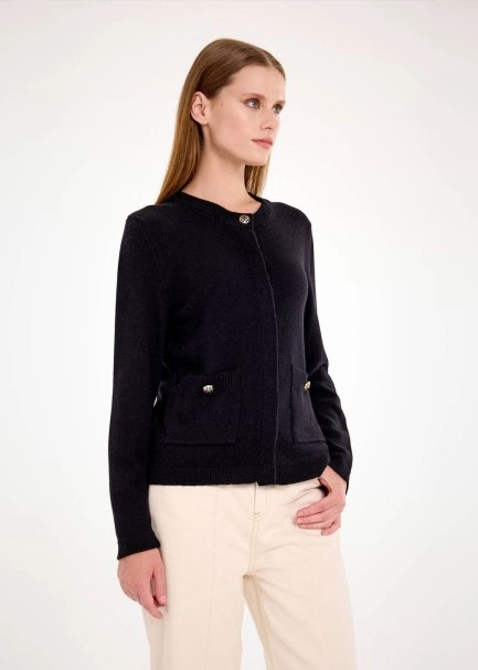 DETACHABLE COLLAR DETAILED BLACK KNIT CARDIGAN - 7