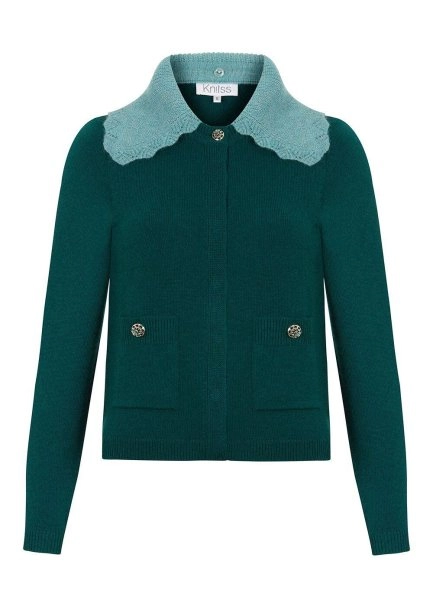 DETACHABLE COLLAR DETAILED MALACHITE KNIT CARDIGAN - 10