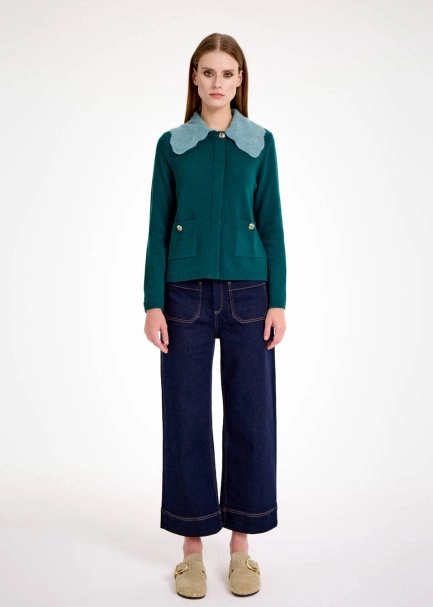 DETACHABLE COLLAR DETAILED MALACHITE KNIT CARDIGAN - 2