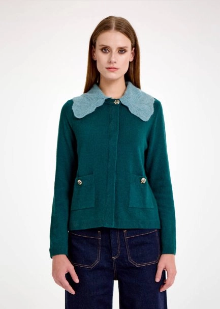 DETACHABLE COLLAR DETAILED MALACHITE KNIT CARDIGAN - 1