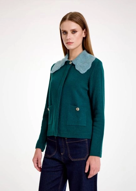 DETACHABLE COLLAR DETAILED MALACHITE KNIT CARDIGAN - 3