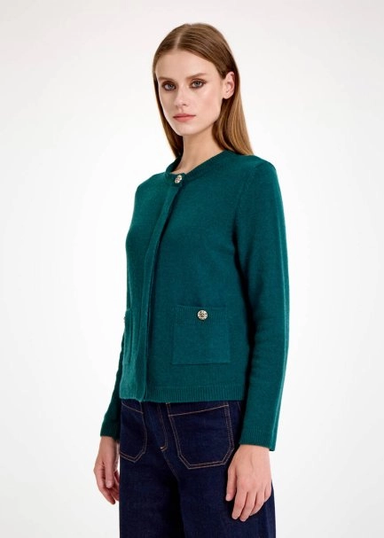 DETACHABLE COLLAR DETAILED MALACHITE KNIT CARDIGAN - 7