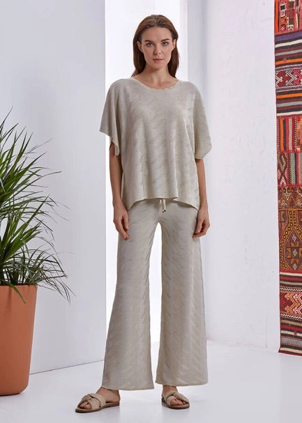 Bej Dökümlü Parlak Triko Üst - 2