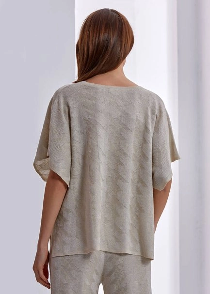 Bej Dökümlü Parlak Triko Üst - 3