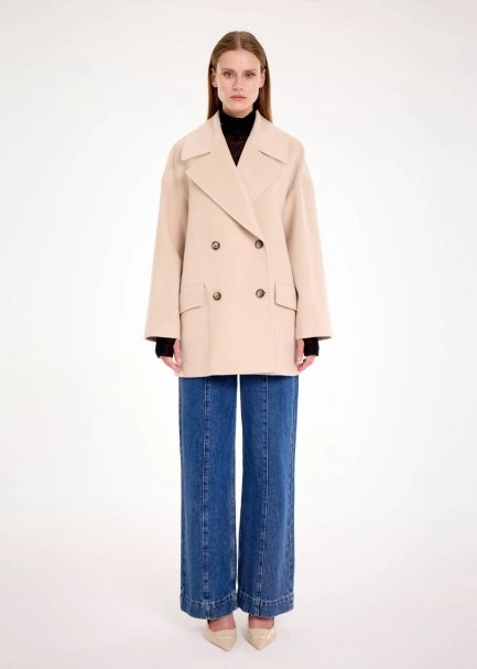 DOUBLEBREASTED OVERSIZE BEIGE WOOL COAT - 2