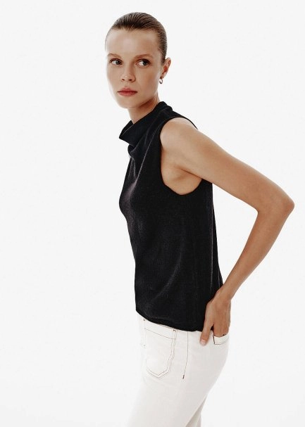 Draped Collar Black Knit Top - 3